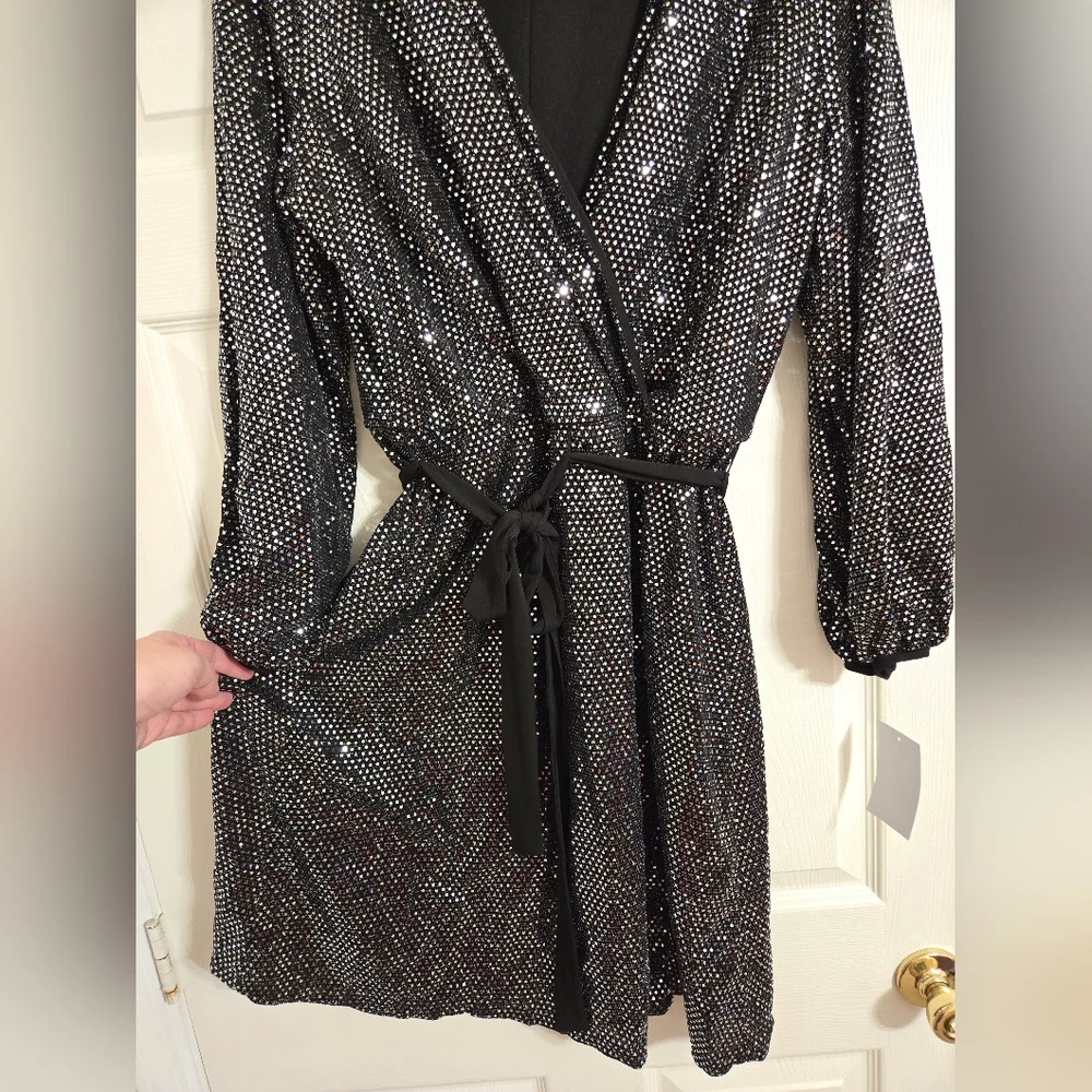 Alexa B Nites Faux Wrap Dress Black Sequin disco ball  size 14W NWT - Picture 7 of 11